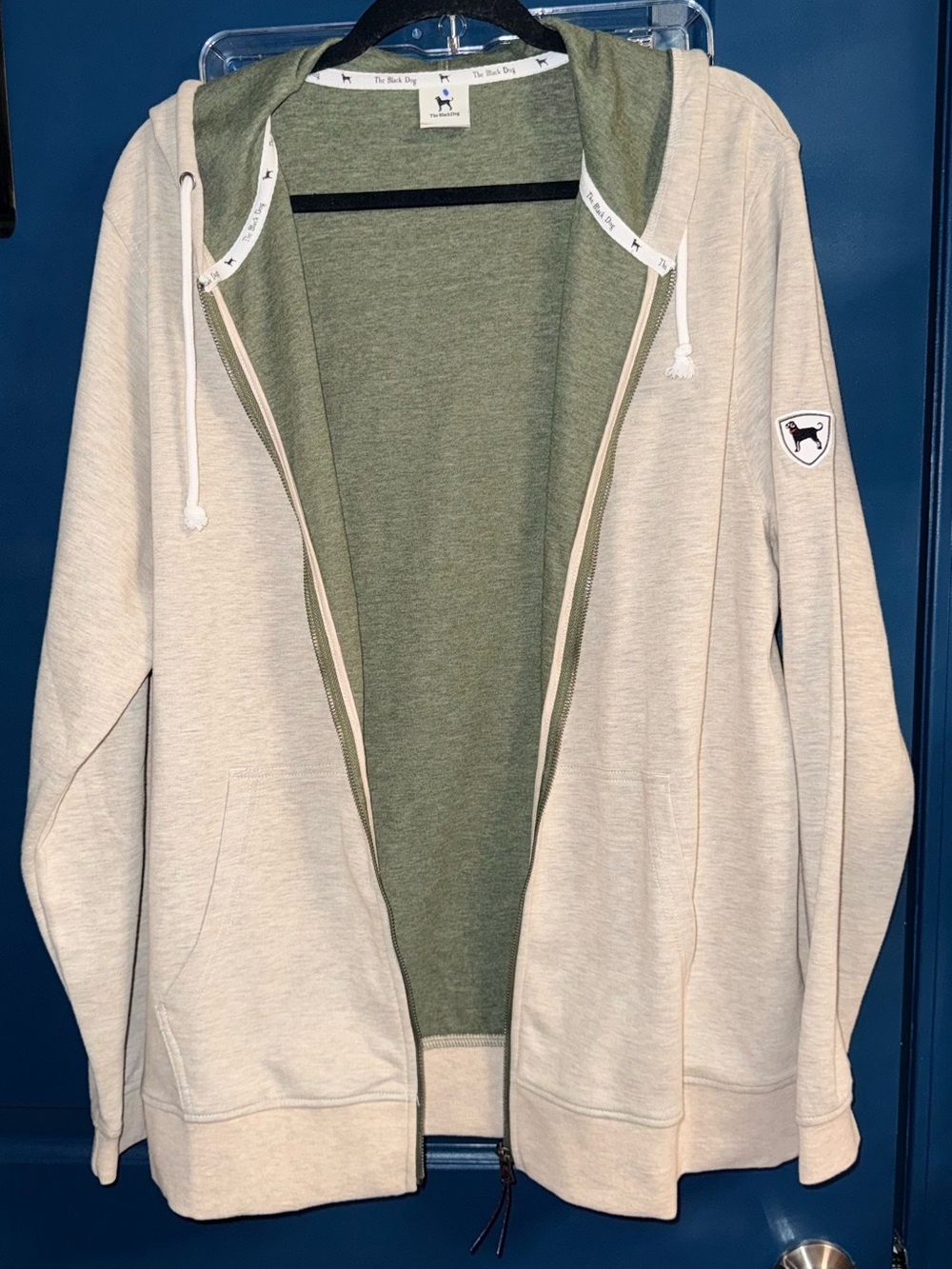 The Black Dog Women’s Cream Zip-Up Hoodie with Olive Lining, Size Large